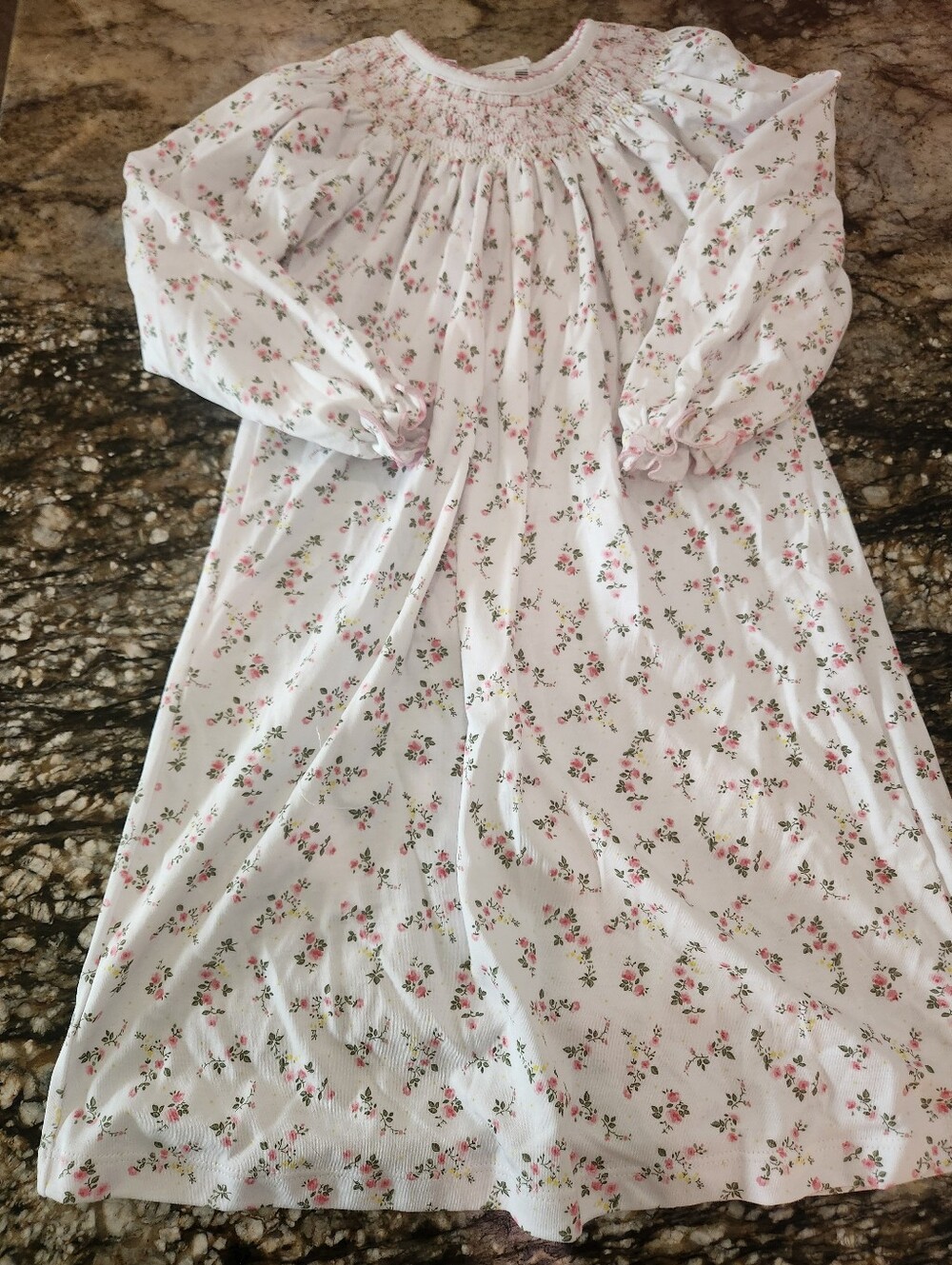 Girls' White Floral Smocked with Pink Rose Print